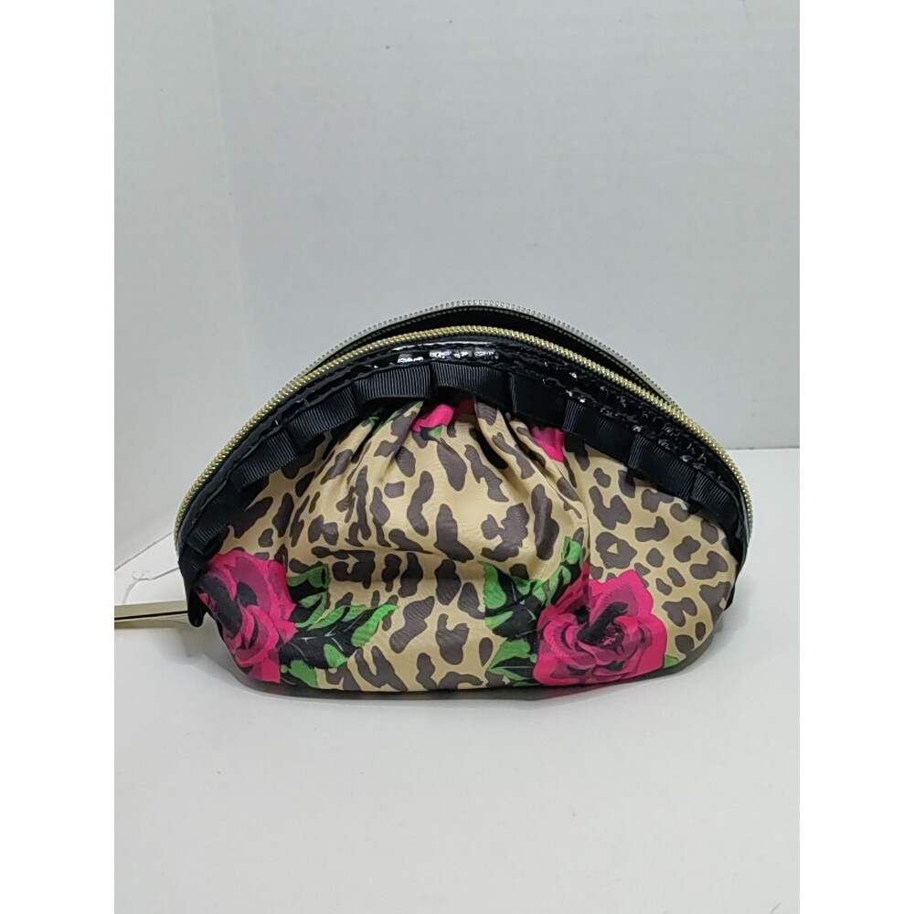 Betsey Johnson Leopard Print Cosmetic Case with Pink Rose Accents - Picture 3 of 9